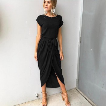 ELSVIOS 6 Colors Boho Split Long Dress Fashion Women O-Neck Maxi Dress Summer Short Sleeve Solid Dress With Belt 